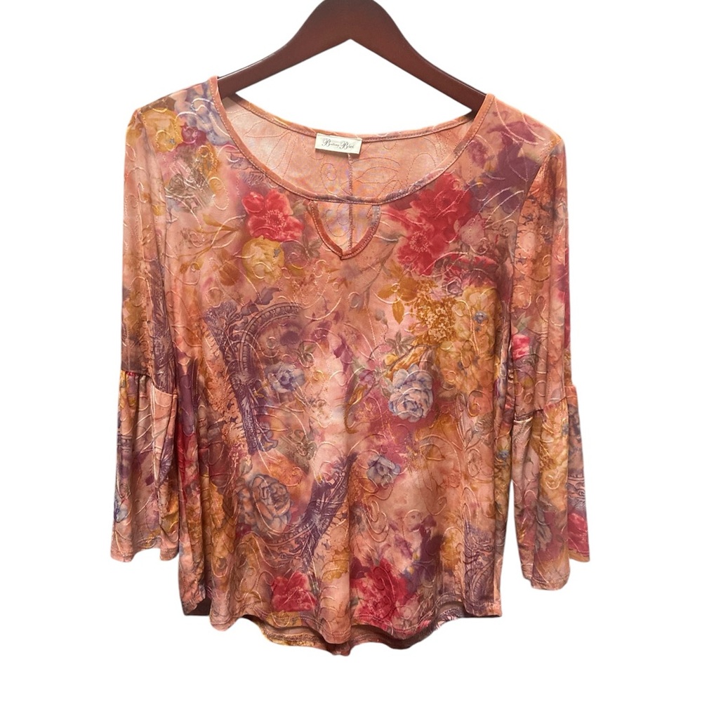 Dusty Pink Floral Bell Sleeve Keyhole Top